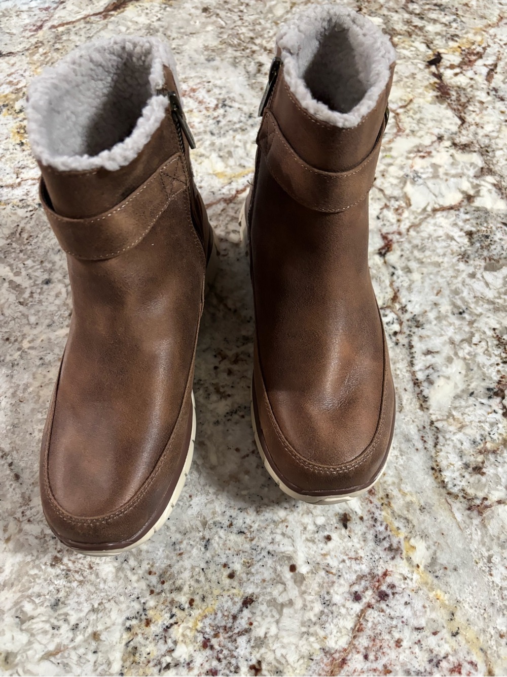 Skechers Brown Faux-Shearling Ankle Booties with Side Zip